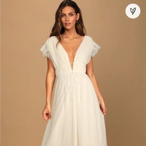 Lulus Yours Evermore Cream Swiss Dot Ruffled Midi Dress